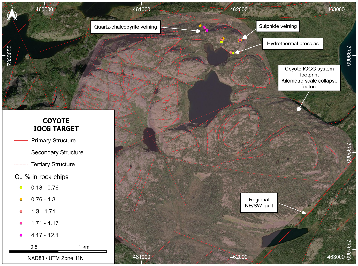 Map of copper concentration in rock chip samples from Coyote Target.