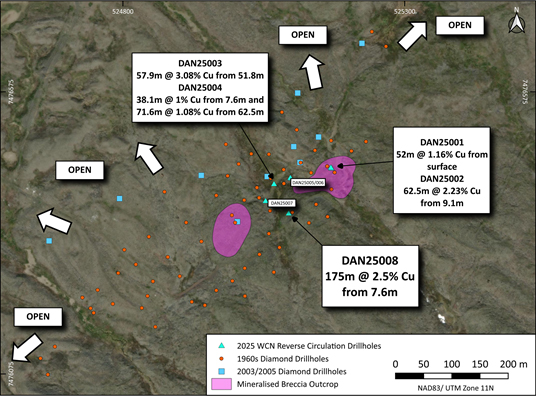 Map of the Danvers project area showing historic drilling and the current drilling being undertaken by the Company